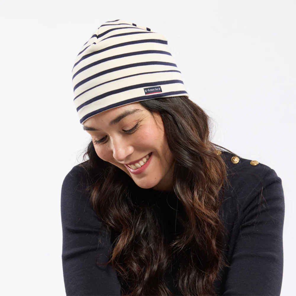 Armor Lux Treguier Interlock Striped Beanie Mütze aus Baumwolle - Natur-Marineblau - Image 2