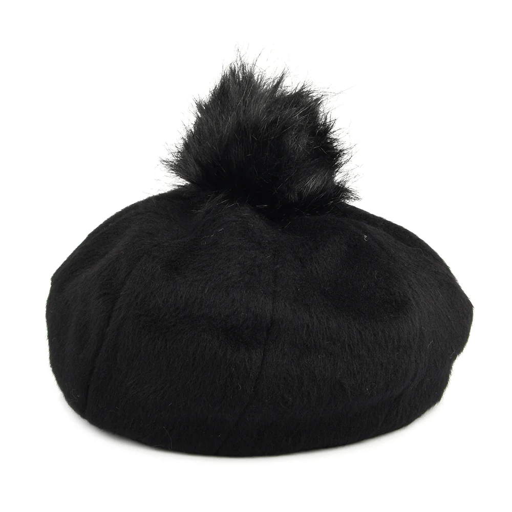 Brixton Natalie Oversized Kunstfell Bommel Baskenmütze - Schwarz