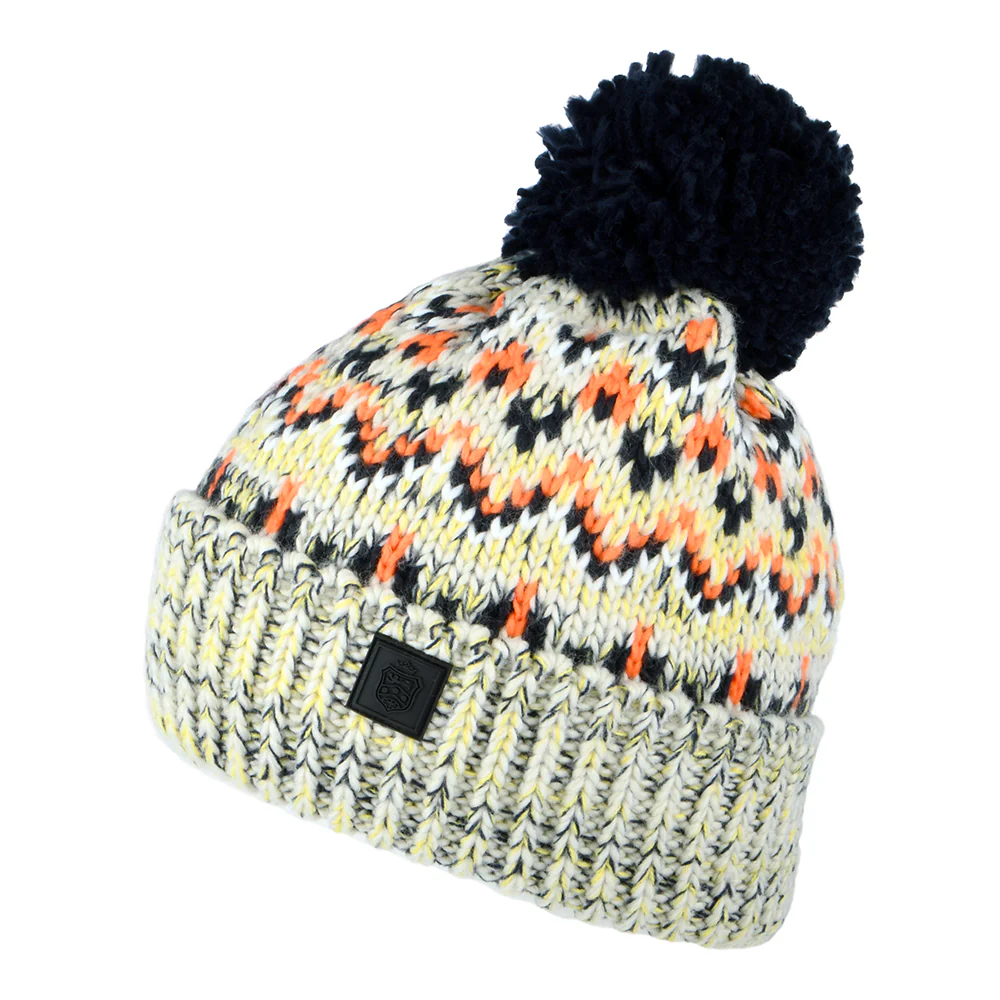 Failsworth Arctic Bommelmütze Fair Isle - Hellgrau-Marineblau-Orange