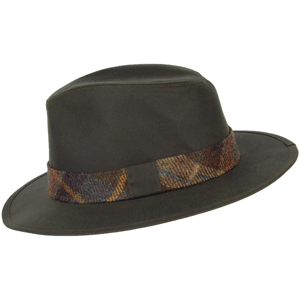 Failsworth Drifter Fedora Hut mit Karo-Zierstreifen aus gewachster Baumwolle - Olivgrün - Image 2