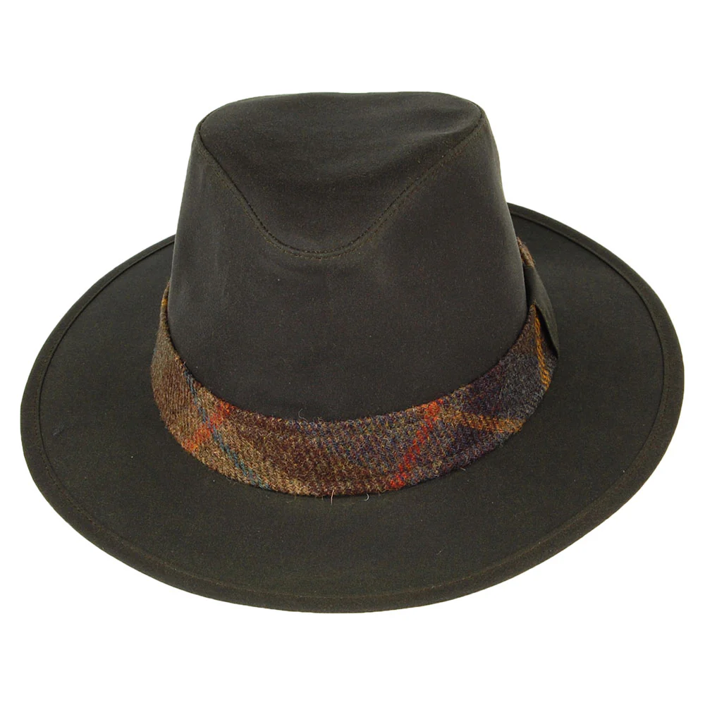 Failsworth Drifter Fedora Hut mit Karo-Zierstreifen aus gewachster Baumwolle - Olivgrün - Image 3