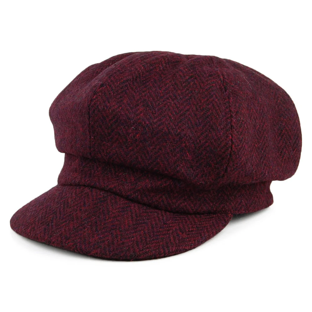Failsworth Gabby HARRIS TWEED Bakerboy Ballonmütze mit Fischgrätmuster - Burgunderrot