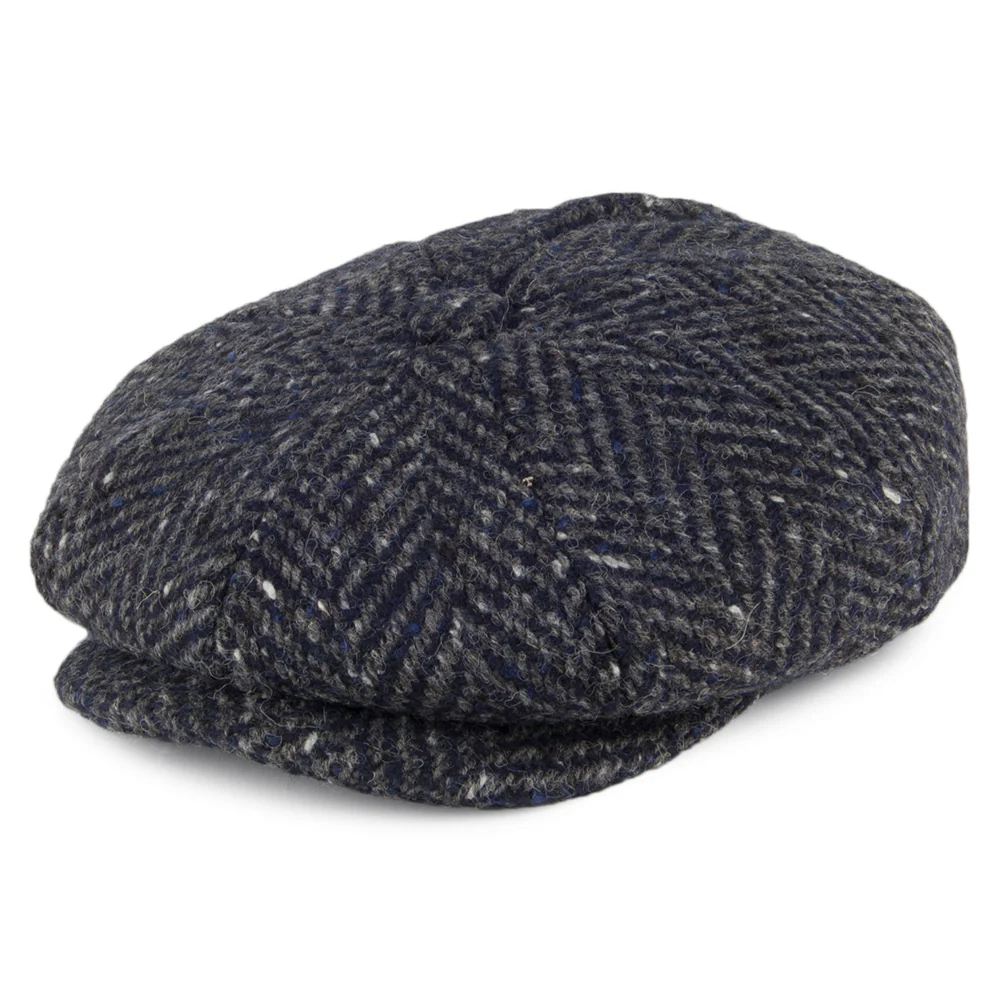 Failsworth Mayo Donegal Tweed Ballonmütze mit Fischgrätmuster - Marineblau-Grau