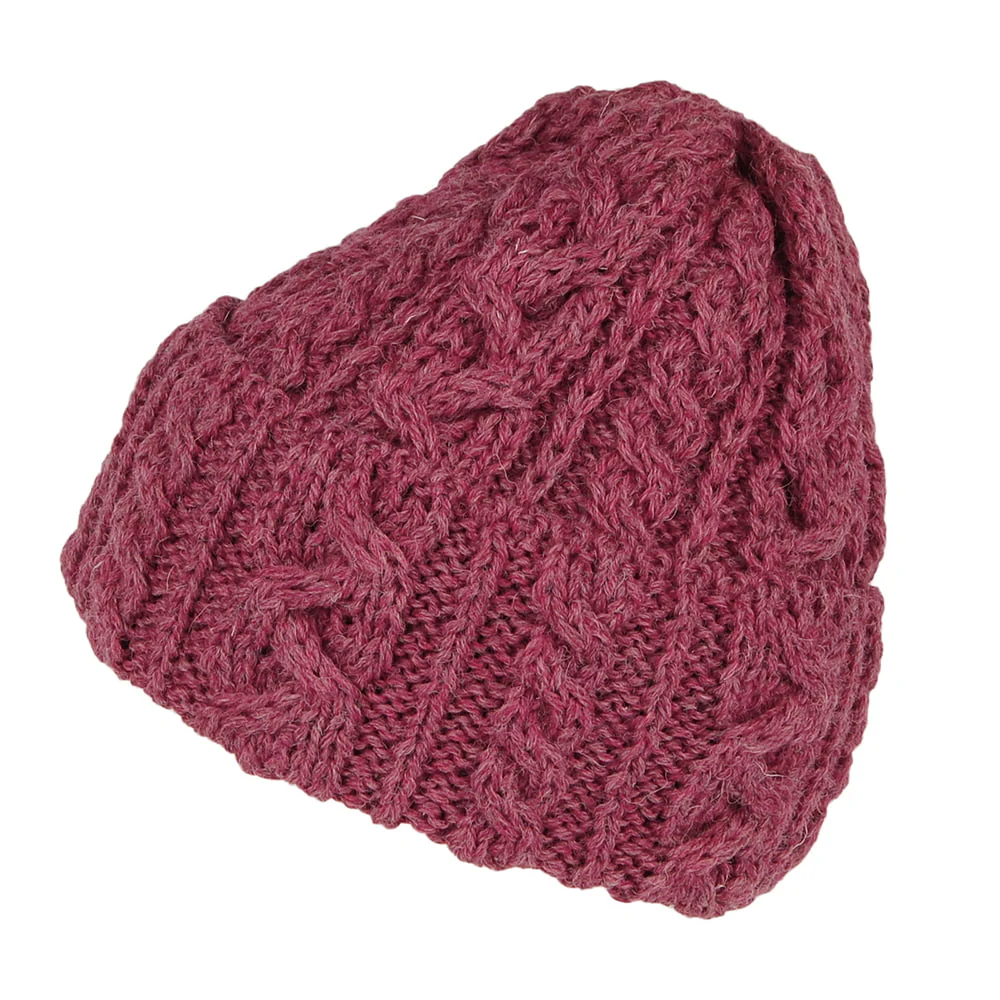 Highland 2000 Cuffed Beanie Mütze mit Zopfstrickmuster aus Englischer Wolle - Burgunderrot-Mix