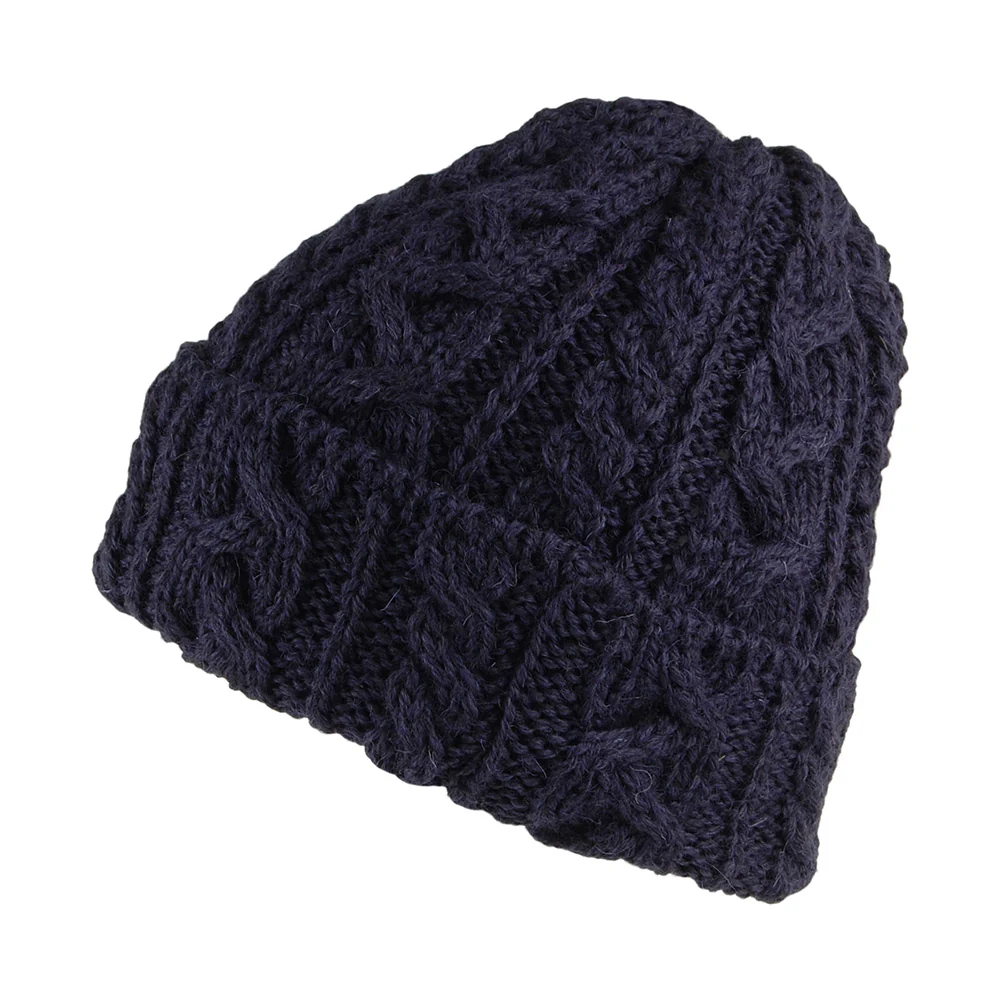 Highland 2000 Kabelstrick Beanie Mütze mit Umschlag - Marineblau