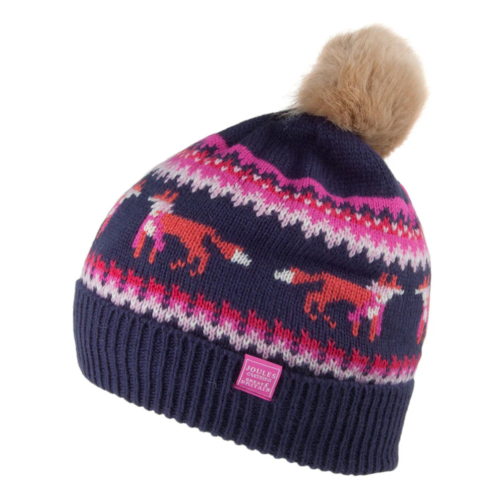 Joules Fair Isle Foxes für Kinder gestrickt Bommelmütze - Marineblau-Pink