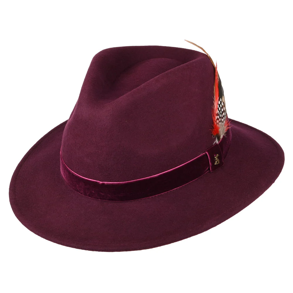 Joules Fedora Hut aus Wollfilz mit Samt-Hutband - Granatrot