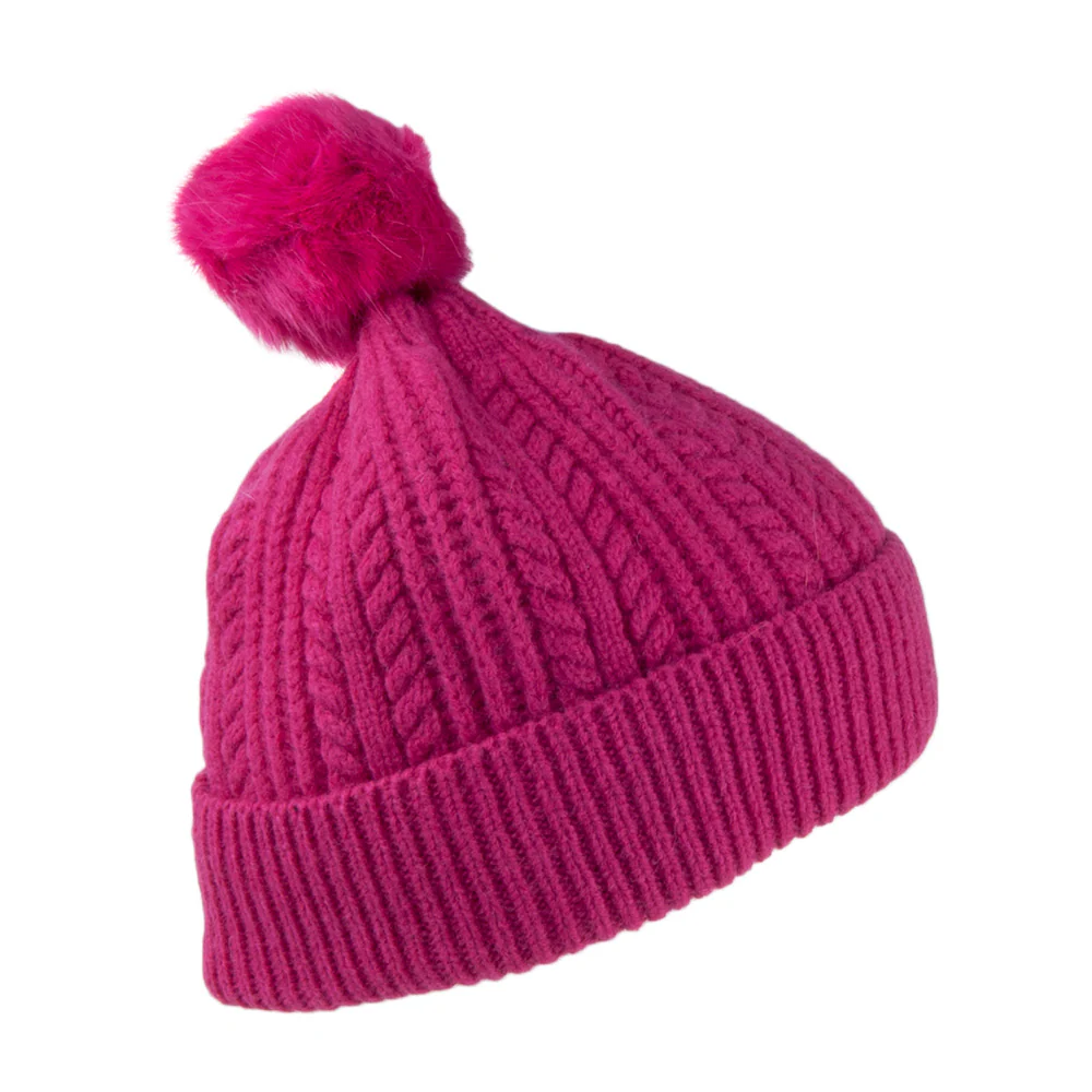 Joules Kunstfell Bommelmütze mit feinem Zopfstrickmuster - Pink - Image 2