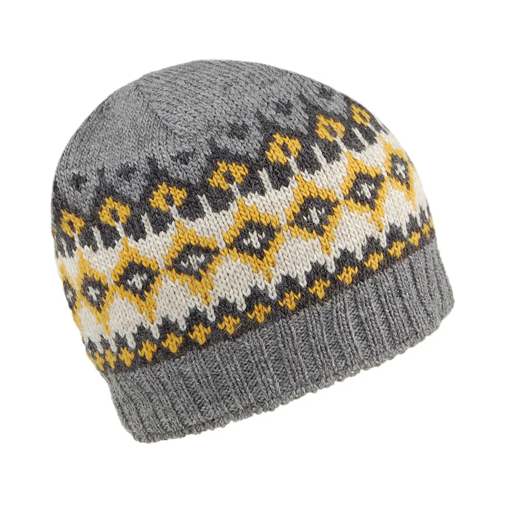 Kusan Beanie Mütze Fine Gauge im Feinstrickmuster - Grau-Gelb - Image 2