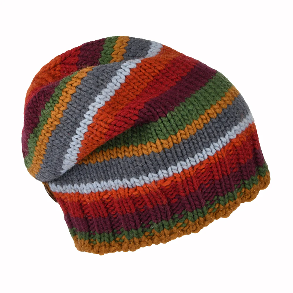Kusan Button Down Beanie Mütze gestreift - Rot-Pflaume-Grau - Image 2