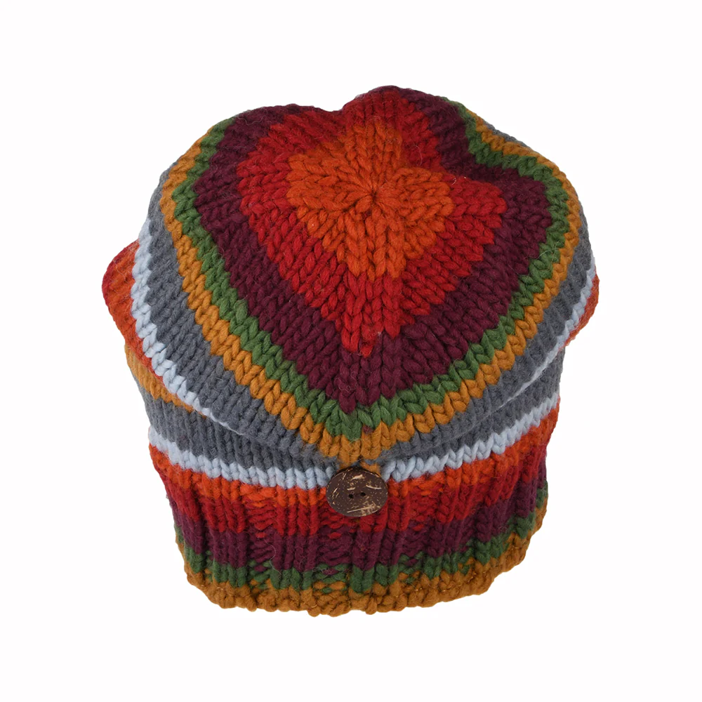 Kusan Button Down Beanie Mütze gestreift - Rot-Pflaume-Grau - Image 3