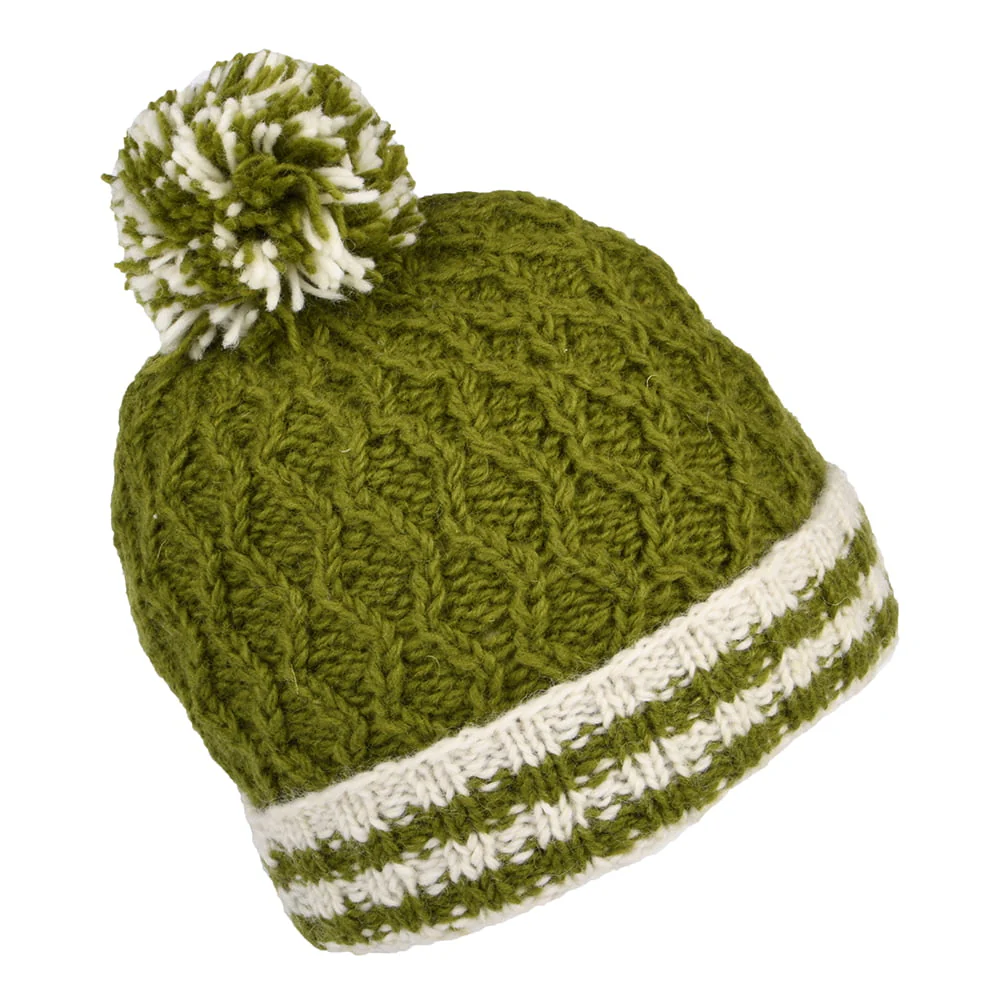Kusan Bommelmütze mit gestreiftem Umschlag Diamond Knit - Olivgrün - Image 2