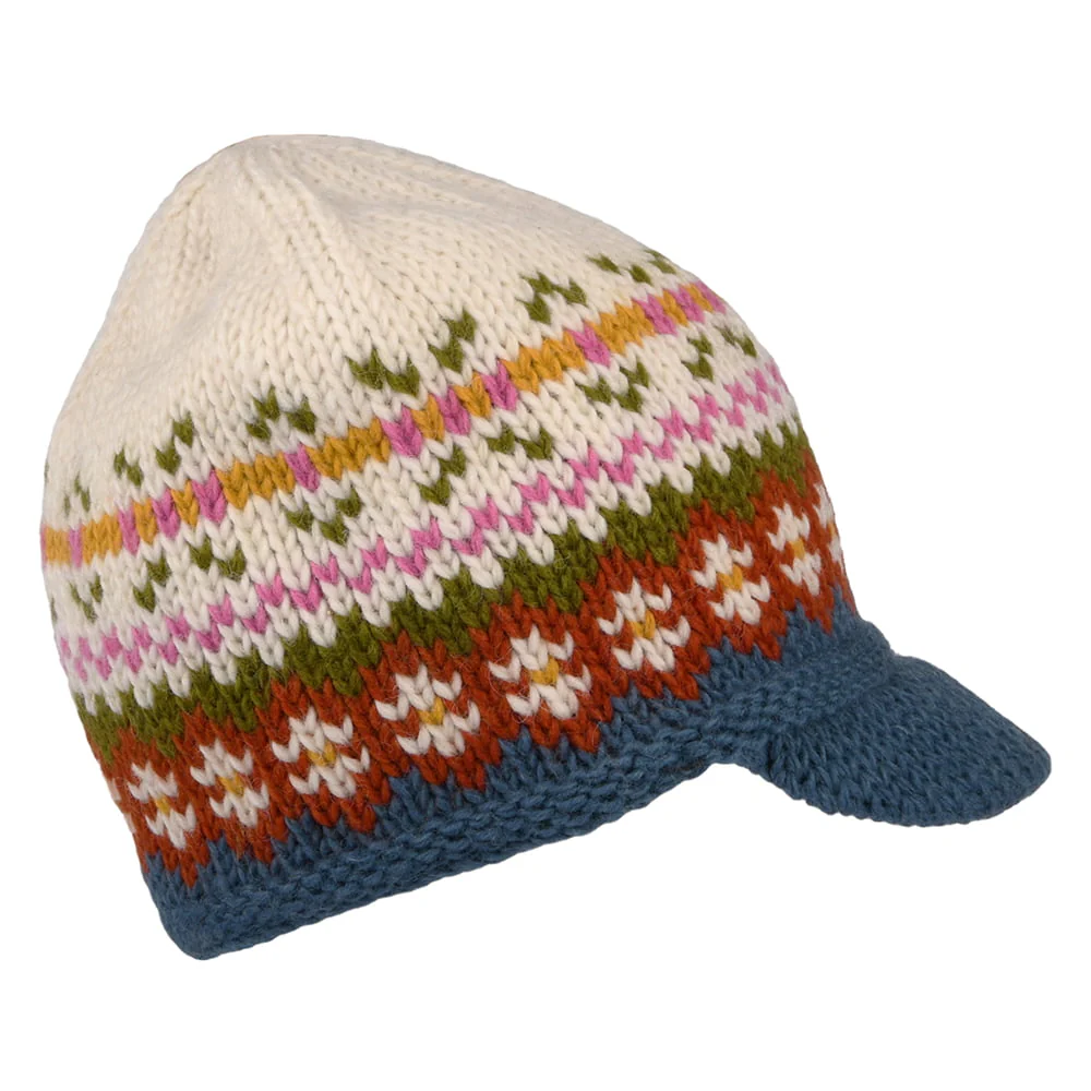 Kusan Brooklyn Beanie Mütze mit Visier Fair Isle - Cremefarben-Blau - Image 2
