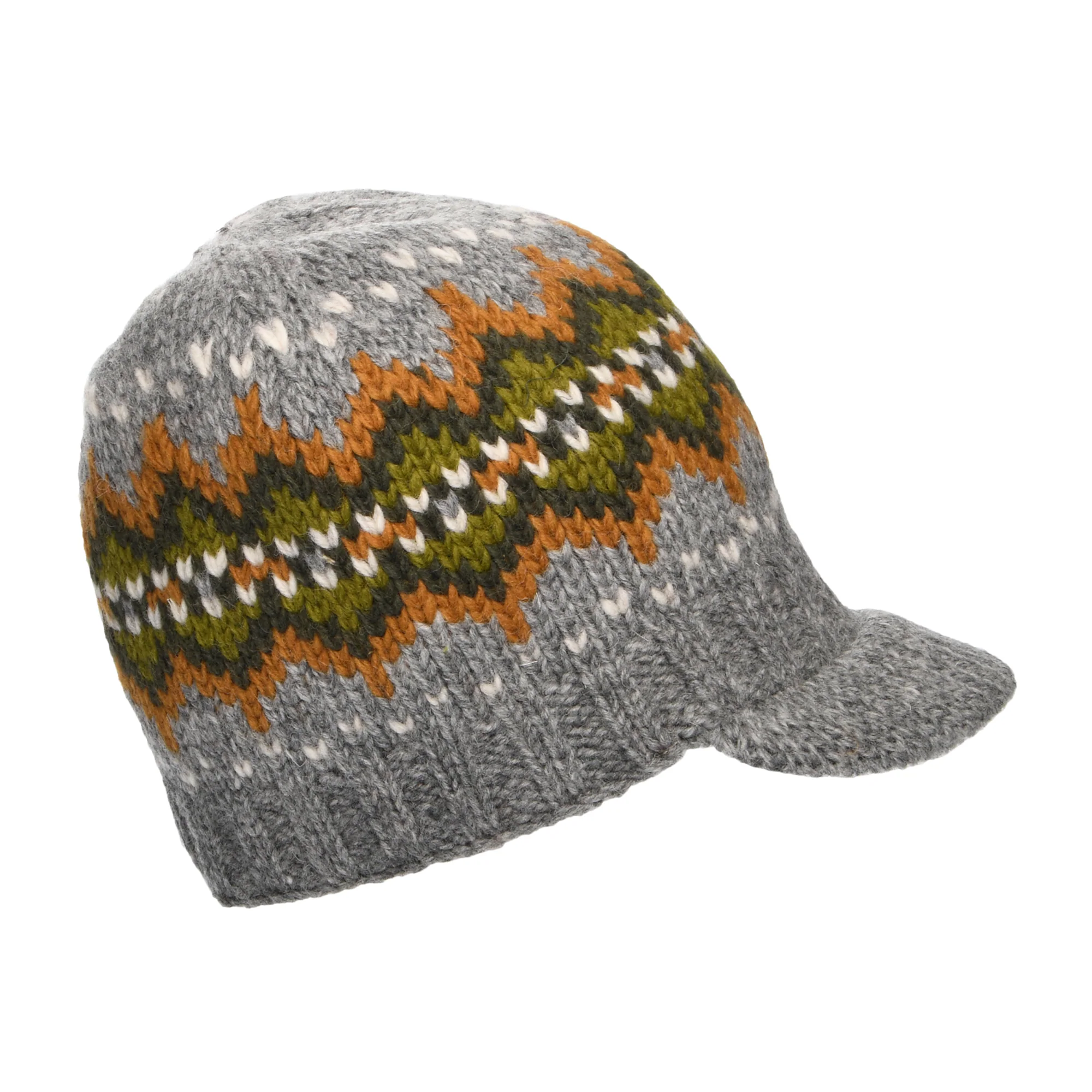 Kusan Brooklyn Beanie Mütze mit Visier Fair Isle - Grau-Olivgrün - Image 2