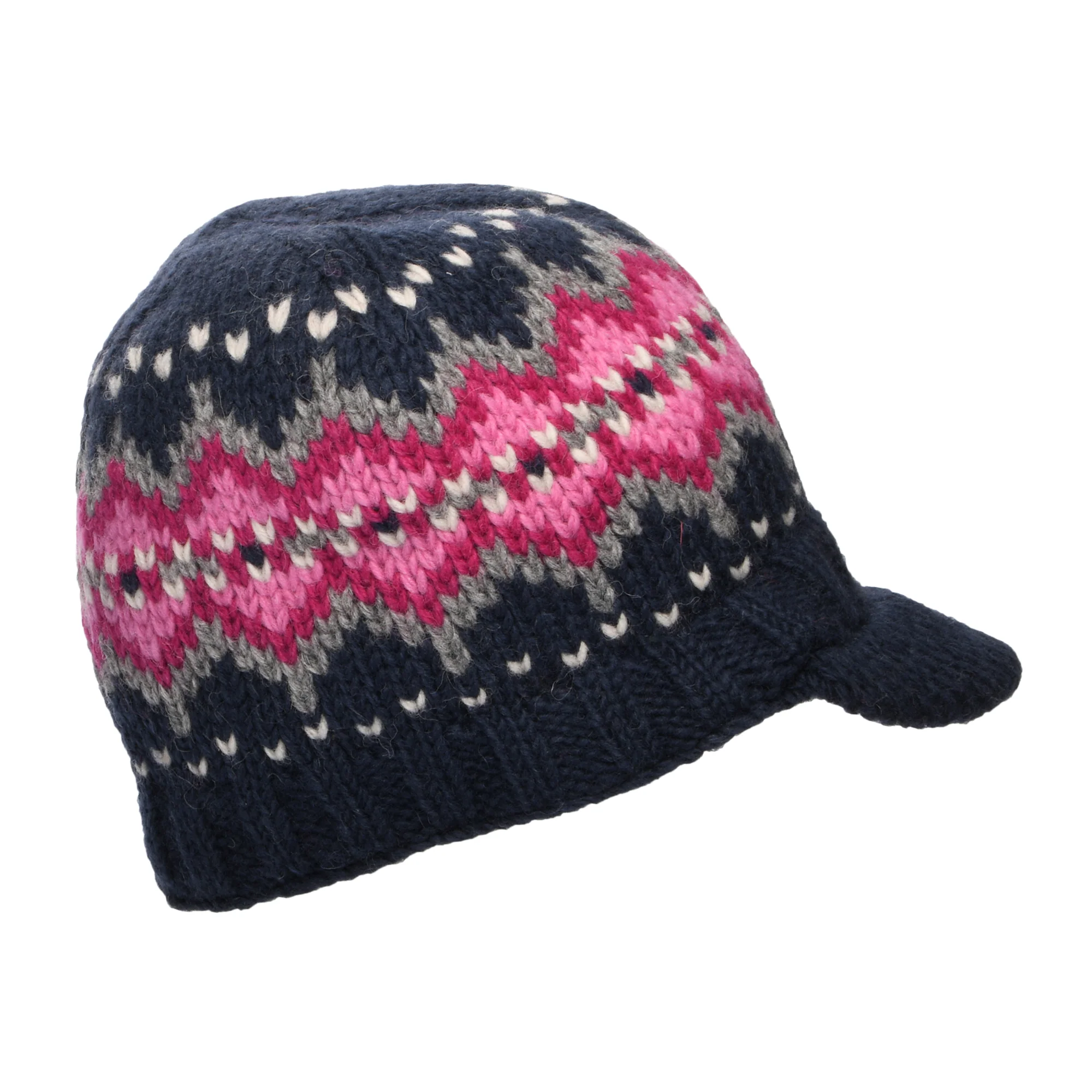 Kusan Brooklyn Beanie Mütze mit Visier Fair Isle - Marineblau-Pink - Image 2