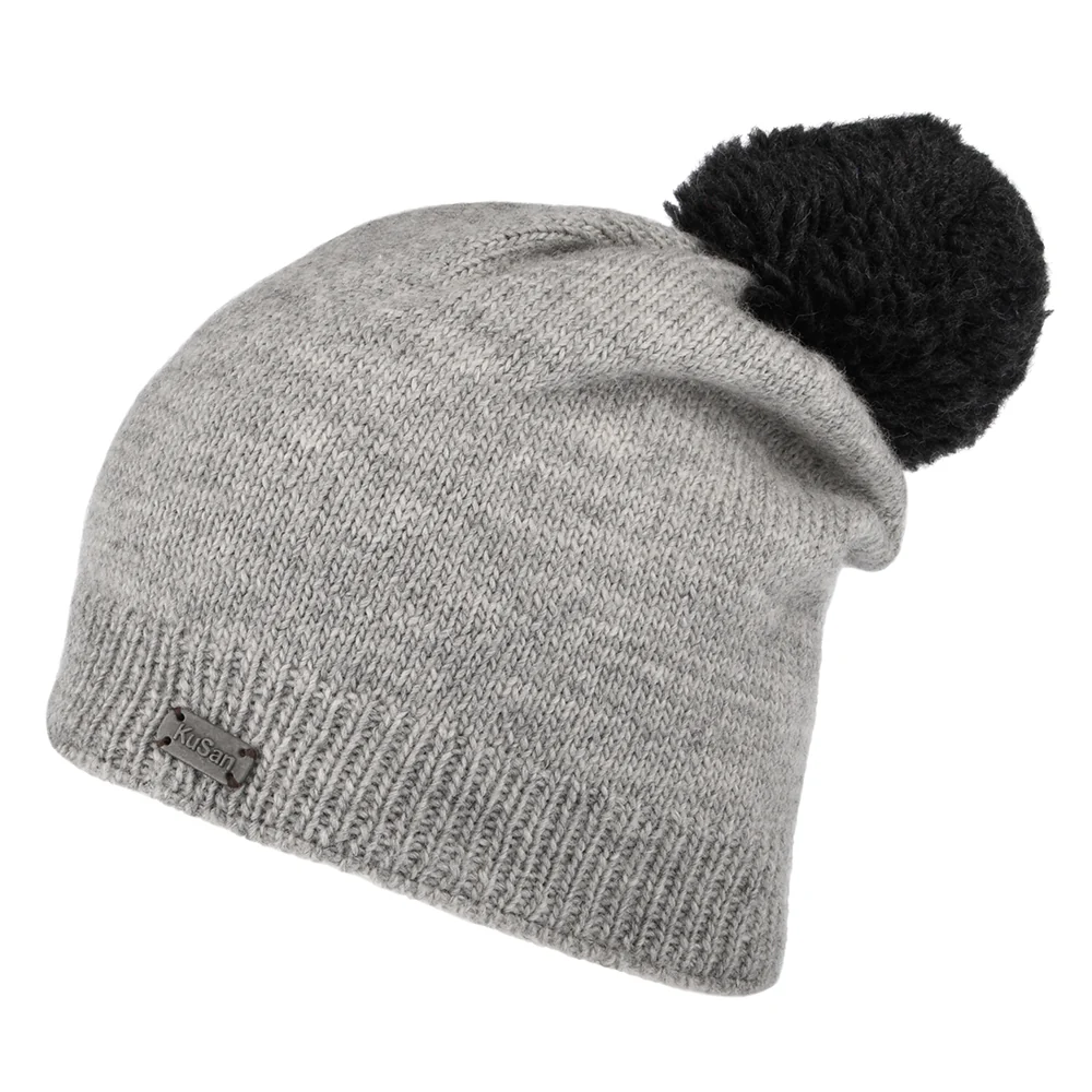 Kusan Kontrast Bommel Slouch Bommelmütze - Grau