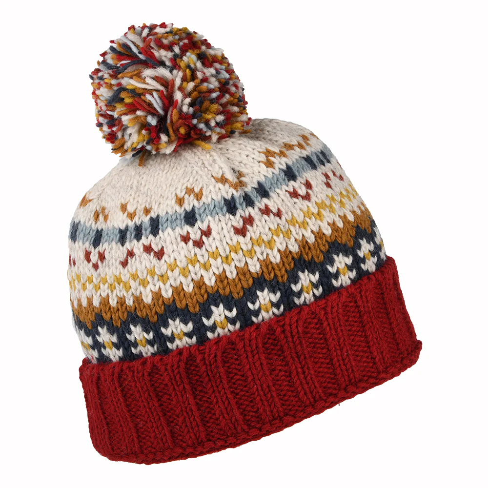 Kusan Mosaic Bommelmütze Fair Isle - Rot-Senfgelb-Creme - Image 2