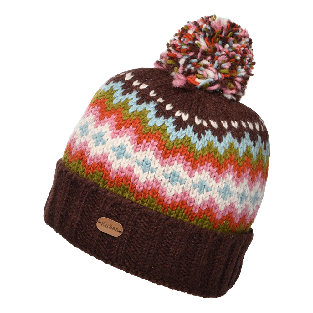Kusan Turn Up Bommelmütze Fair Isle - Kastanienbraun