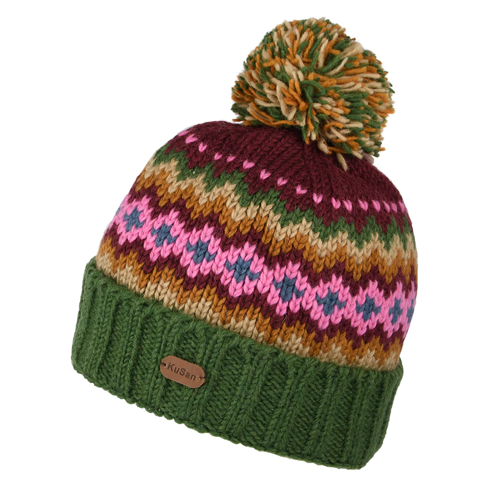 Kusan Turn Up Bommelmütze Fair Isle - Grün-Lila-Senfgelb
