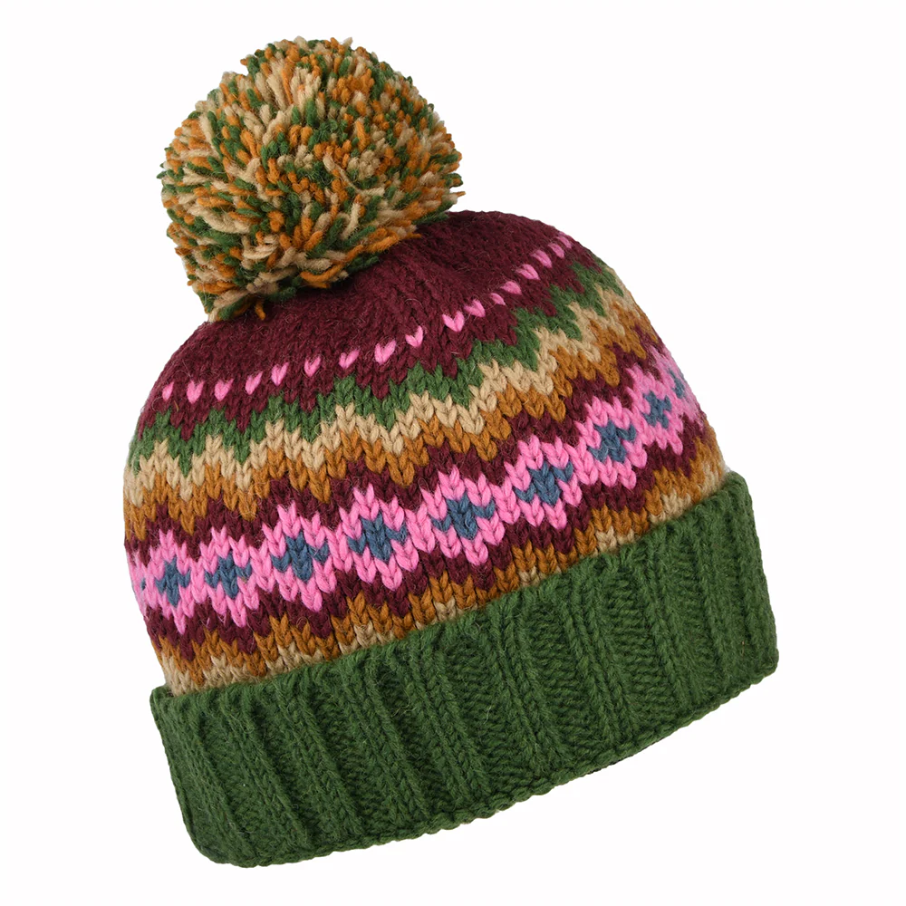 Kusan Turn Up Bommelmütze Fair Isle - Grün-Lila-Senfgelb - Image 2