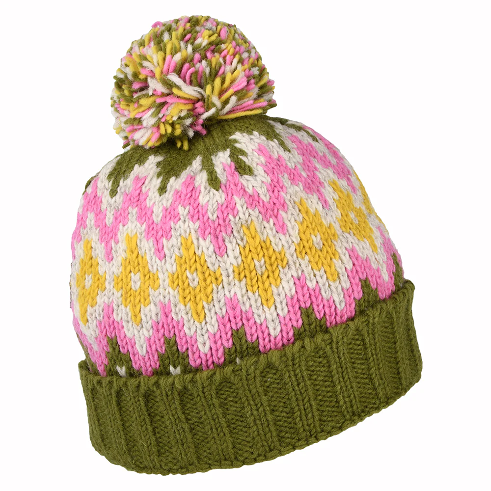 Kusan Turn Up Bommelmütze - Olivgrün-Rosa-Gelb - Image 2