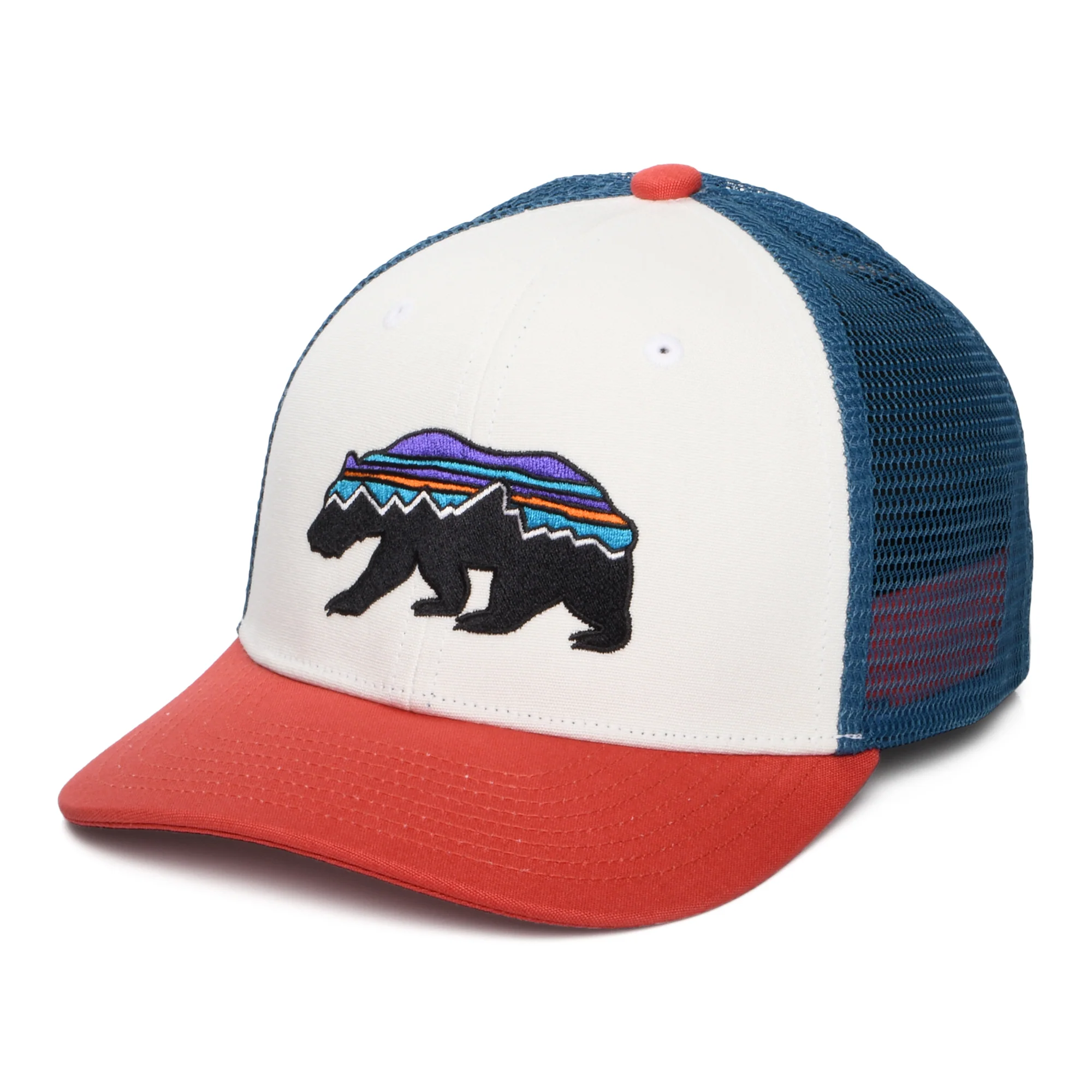 Patagonia Kinder Fitz Roy Bear Trucker Cap aus organischer Baumwolle - Weiß-Rot-Blau