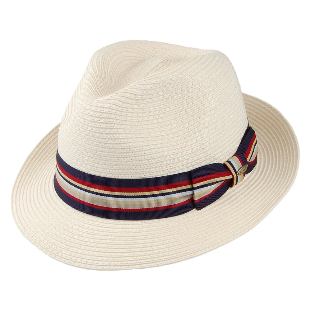 Scala Drums Feingeflochten Fedora Hut aus Toyo Stroh - Natur-Marineblau