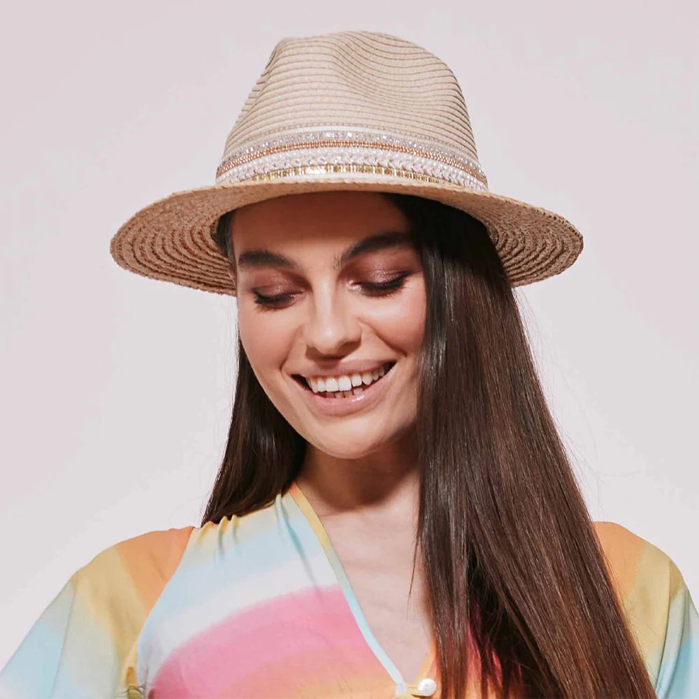 Seeberger Fedora Hut aus Toyo Stroh Mit Pailletten-Band - Natur-Hellbraun