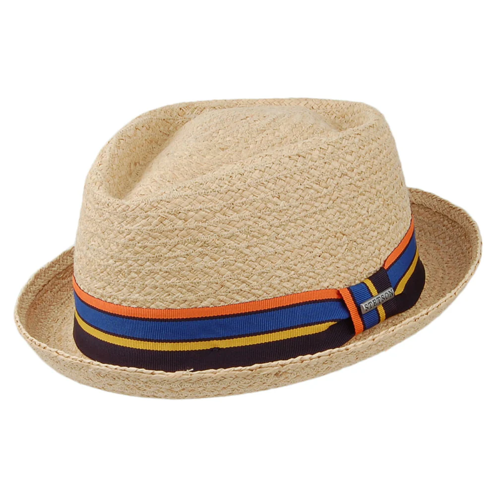 Stetson Pork Pie Hut Diamond Crown aus Raffia Stroh - Natur